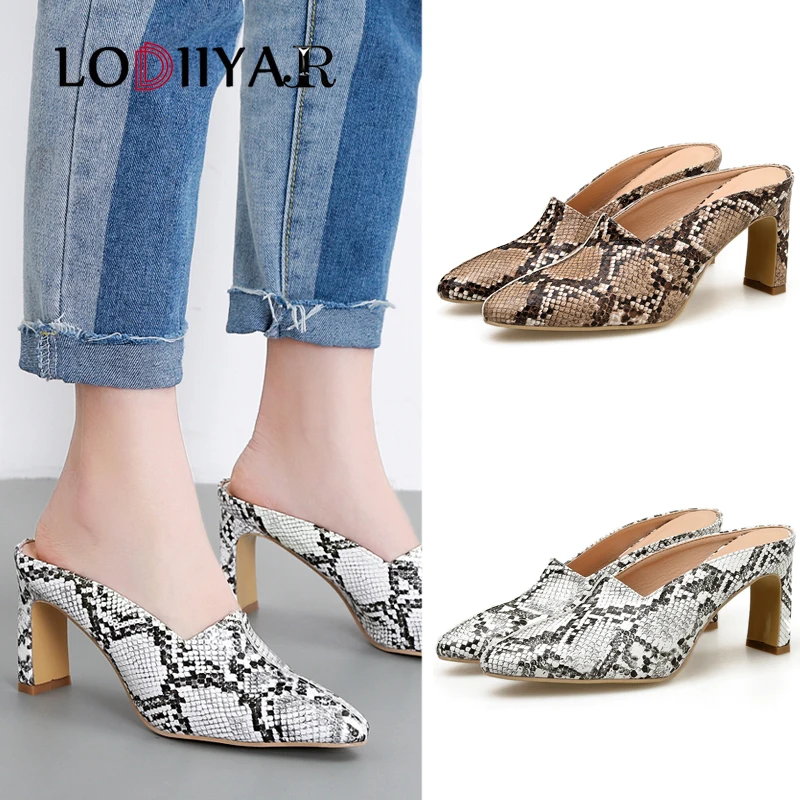 

Ladies Stiletto Pointed Toe Slip On Snake Printed Thick Heel Mules Casual Party Office Work High Heels Rome Shoes Plus Size