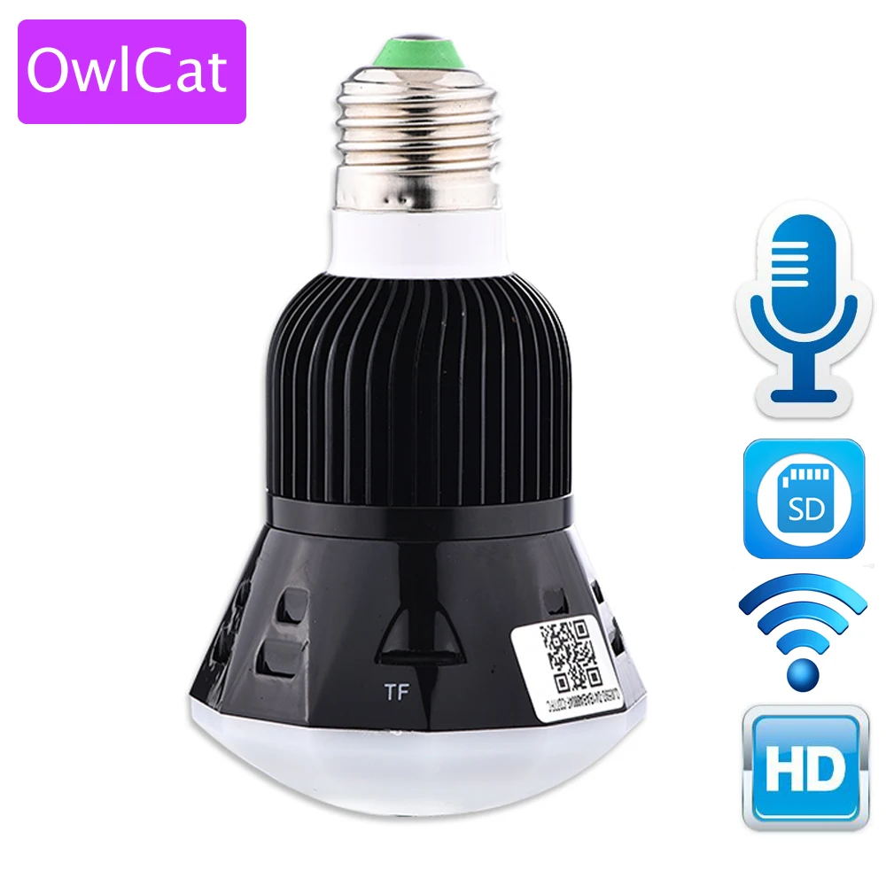 

OwlCat New Mini Lamp WIFI Camera 1080P HD Bulb Light Wireless IP Camera 360 Panoramic FishEye 3D VR Lens Support 128GB SD Card