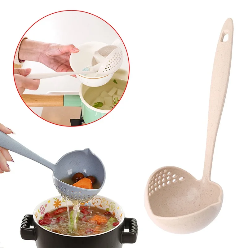 

2 In 1 Hot Pot Dinnerware Porridge Soup Spoon With Filter Skimmer Kitchen Utensil Long Handle Colander Beige