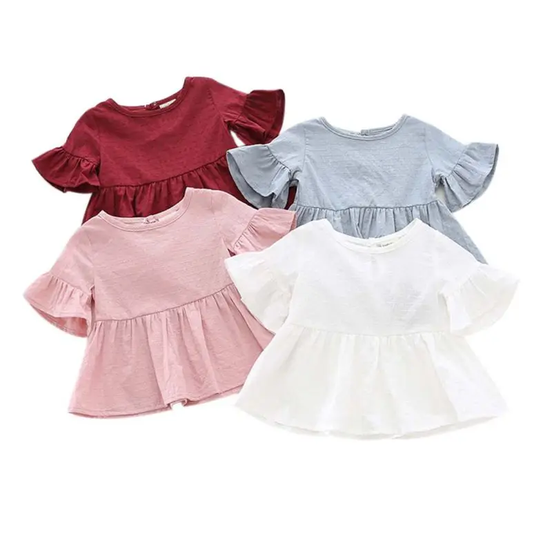 Осенне-летняя одежда для маленьких девочек; Милые однотонные носки Цветная рубашка Милая хлопковая футболка с коротким рукавом, с длинными рукавами в форме лотоса блуза с крылом Топы