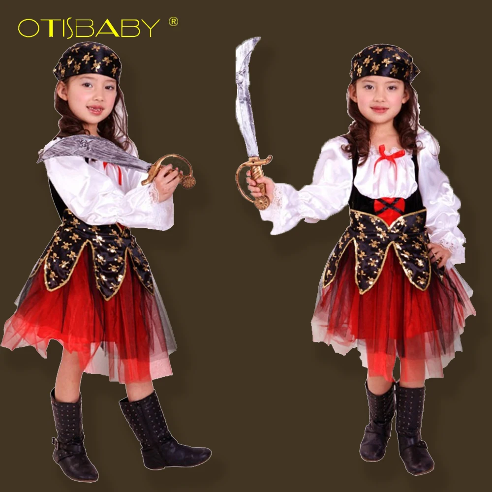 Цена На Хэллоуин для девочек карнавальное пират косплей костюмы дети череп печати одежда длиной до колен платье пачка с бантом + головной платок