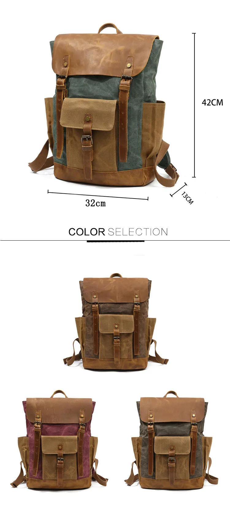 SIZE AND COLOR DISPLAY of Woosir Waterproof Waxed Canvas Leather Laptop Backpack