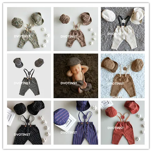 

Dvotinst Newborn Photography Props Baby Boy Suspender Pants+2pcs Hats Gentleman 3pcs Set Costume Clothes Studio Shoot Photo Prop