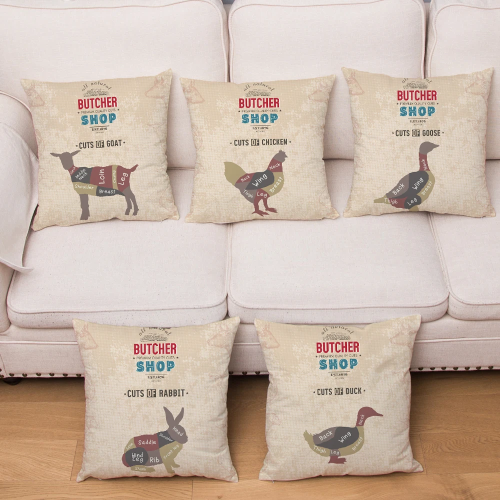 

Super Soft Short Plush Butcher Shop Cuts of Cartoon Animal Anatomy Cow Dog Duck Cushion Cover Sofa Decor Pillow Case 45*45cm