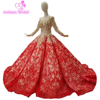 

2018 Gold Lace Red Scoop Court Train Ball Gown Long Sleeves Prom Dress Floor-length Illusion Evening Dresses Vestido De Festa