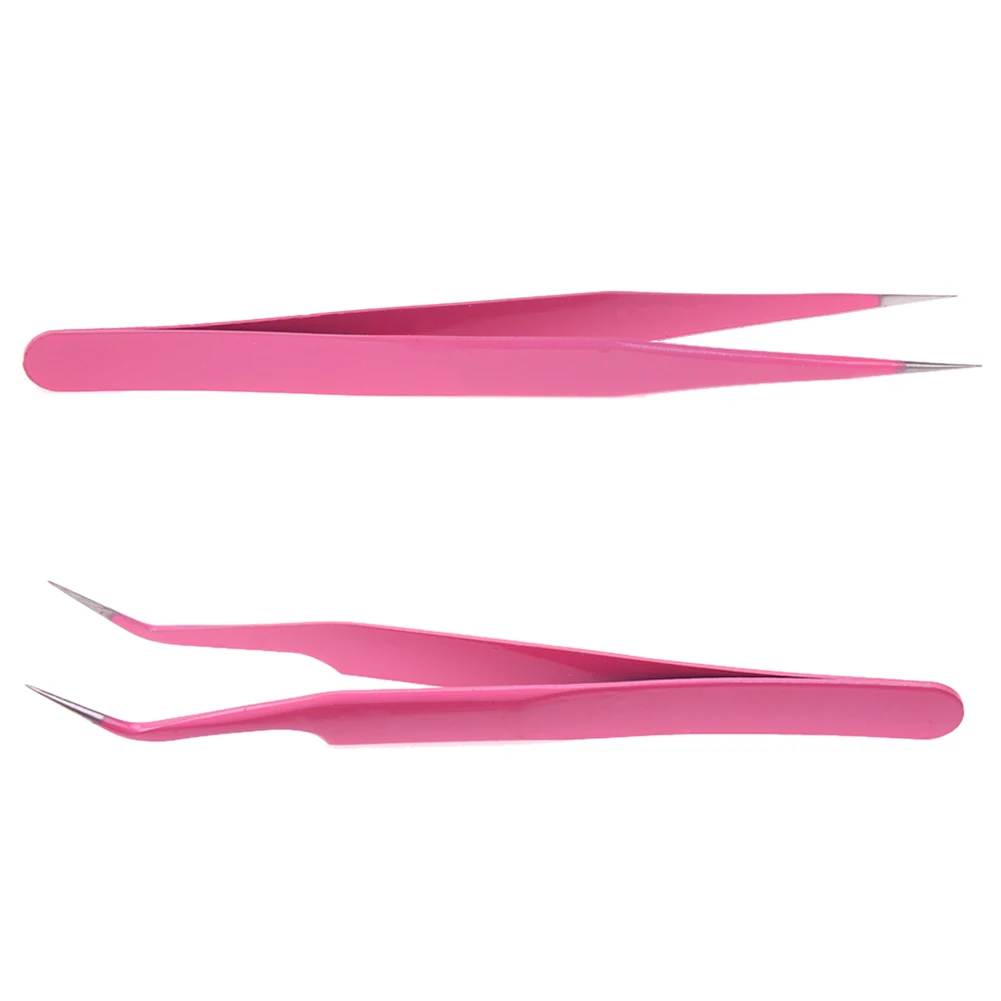 Pink Antistatic Straight Curved Tweezers Nail Art Nipper DIY Manicure