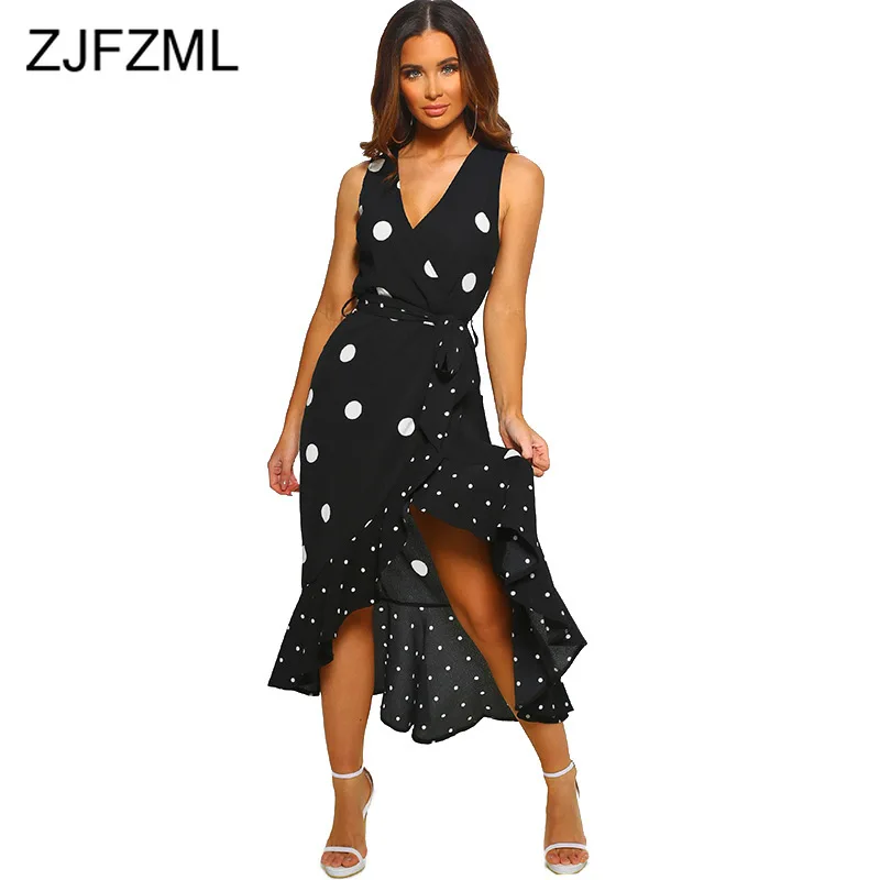 

Black White Polka Dot Print Wrap Dress Women Deep V Neck Sleeveless Front Short Back Long Dress Elegant Ruffles Sash Party Dress