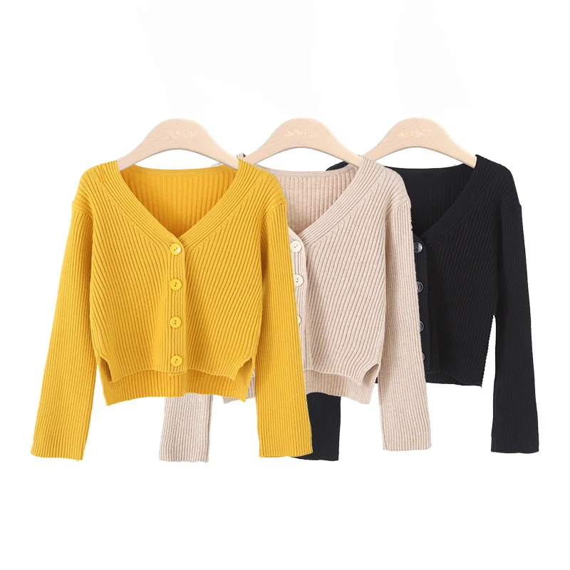 

Solid color Women Knitted Short Cardigans Sweater 2019 Spring and autumn new Casual V-Neck Long Sleeve Sweaters Coats Female
