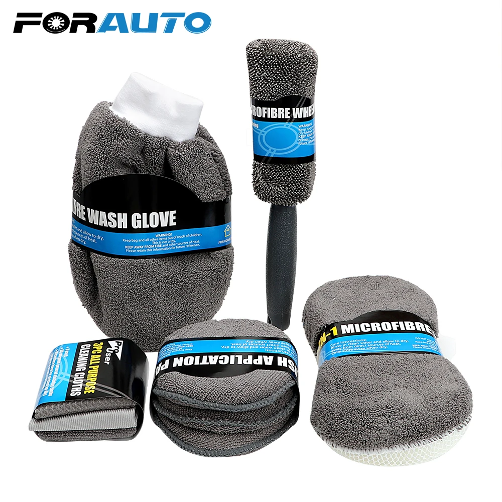 

9Pcs Include 3* Microfiber Towels,3* Applicator Pads, Wash Sponge, Wash Glove, Wheel Brush Microfiber Car Care Wash Cleaning Kit