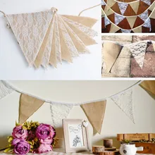 

Vintage Jute Burlap Bunting Rustic Lace Hessian Flags Wedding Banner Garland Party Candy Bar Decoration Event Supplies 12pc flag
