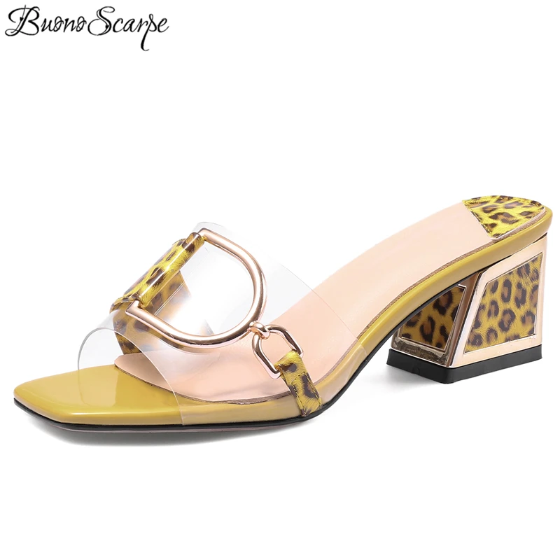 

Buono Scarpe Clear Up Women Leopard Heels Slippers Chunky Med Heel Summer Sandals Slippers Causal Beach Metal Buckles Slides New