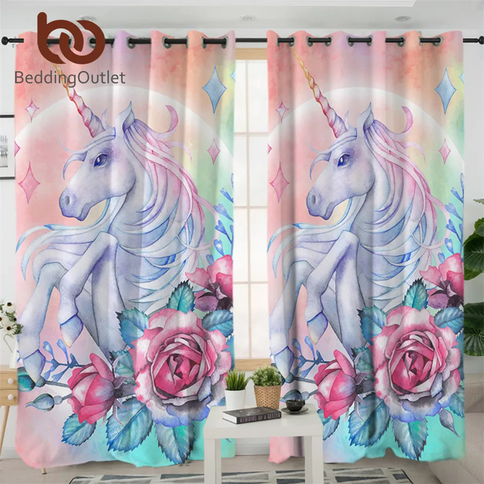 

BeddingOutlet Unicorn and Rose Curtain for Living Room Kids Cartoon Bedroom Curtain Girly Floral Window Treatment Drapes 1-Piece