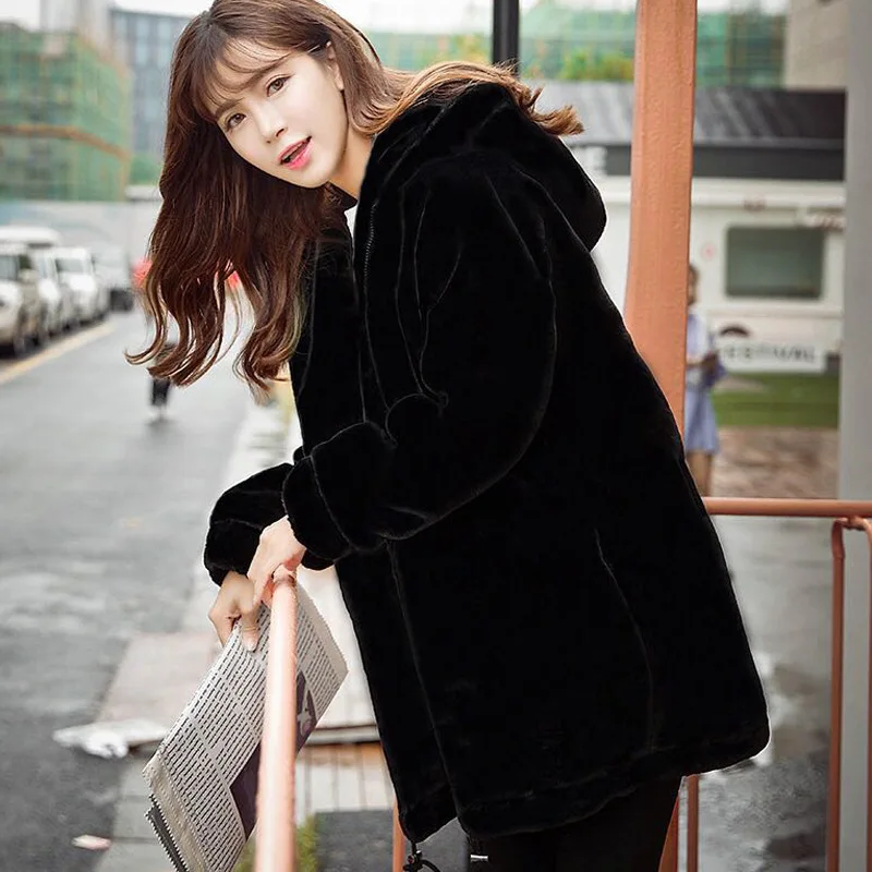 Manteau Femelle Pull De À Fur Et Capuche Zipper Veste En Nouvelle black Long Mode Style Style Chaud Imitation Fourrure Vêtements D'hiver Super 2018 Faux Hook Velours Haute Épais Femmes qOwX886