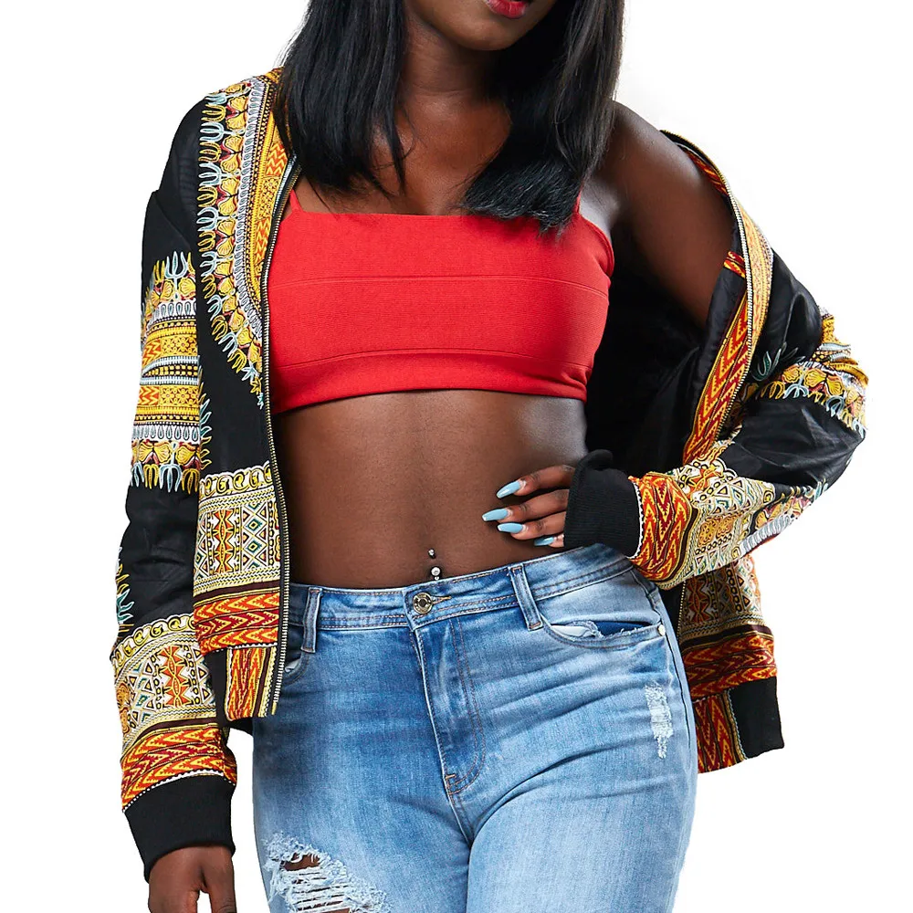 Женская короткая куртка бомбер Dashiki модная повседневная с длинными рукавами и