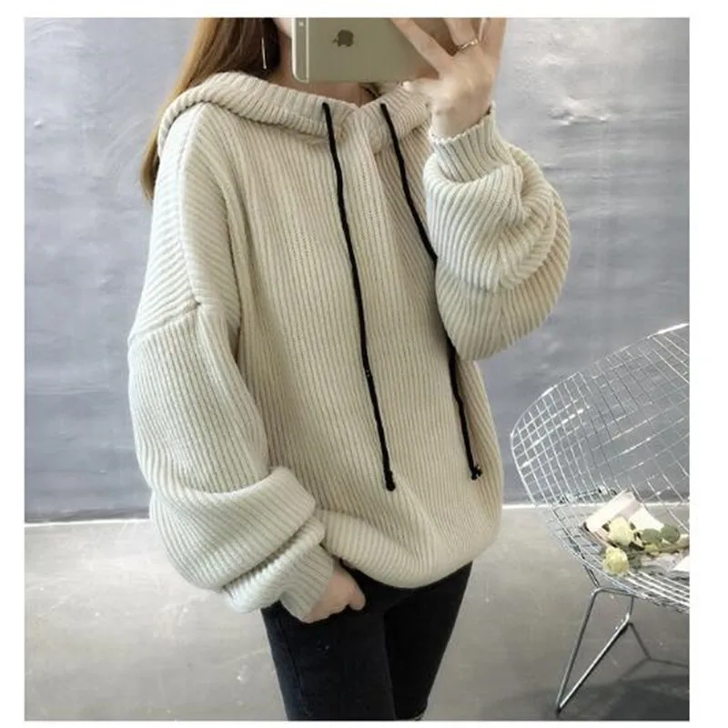 2019 New Hooded knitting Sweater Long Loose Women Sweater Female Autumn and Winter Coat Warm Knitted pullover tops Girls A0066