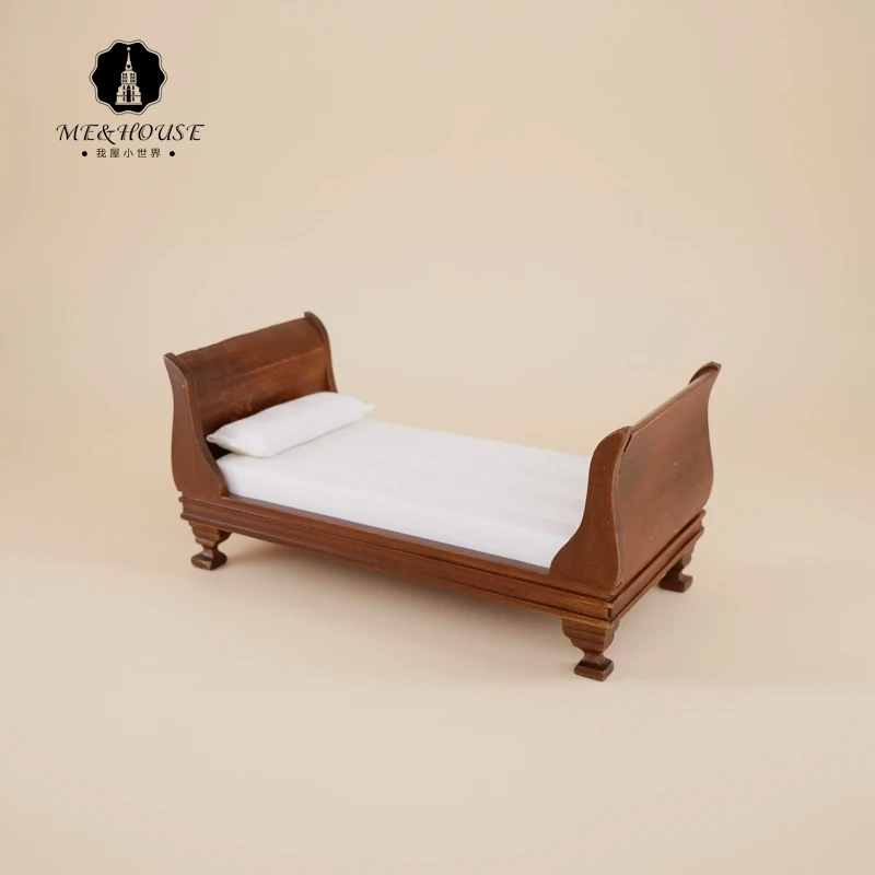 

1/12 Scale Dollhouse Single BJD Bed Mini Toys Simulation Dolls Vintage Furniture Wooden Bed For Doll House Decoration