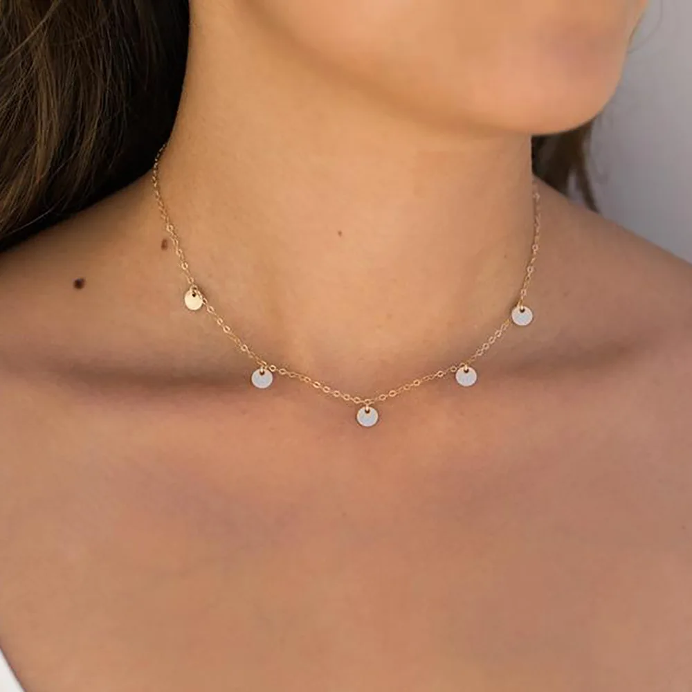 

Simple Round Sequins Choker Chain Necklace Statement Women Clavicle Pendant Charm Necklace Jewelry