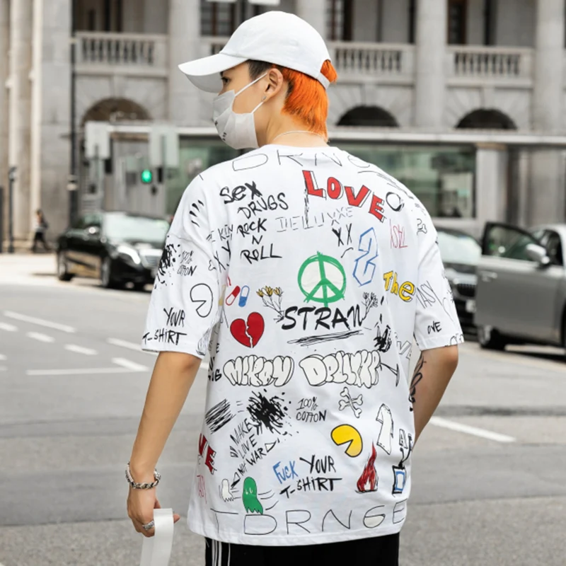 Футболка в стиле хип хоп уличная Мужская Harajuku с граффити летняя модная футболка