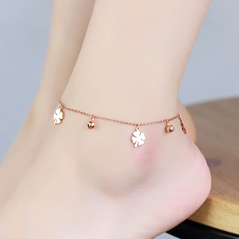 

YUN RUO Fashion Rose Gold Anklet Flower And Bell Chain Charm Woman Girl Gift 316L Stainless Steel Jewelry Top Quality Never Fade