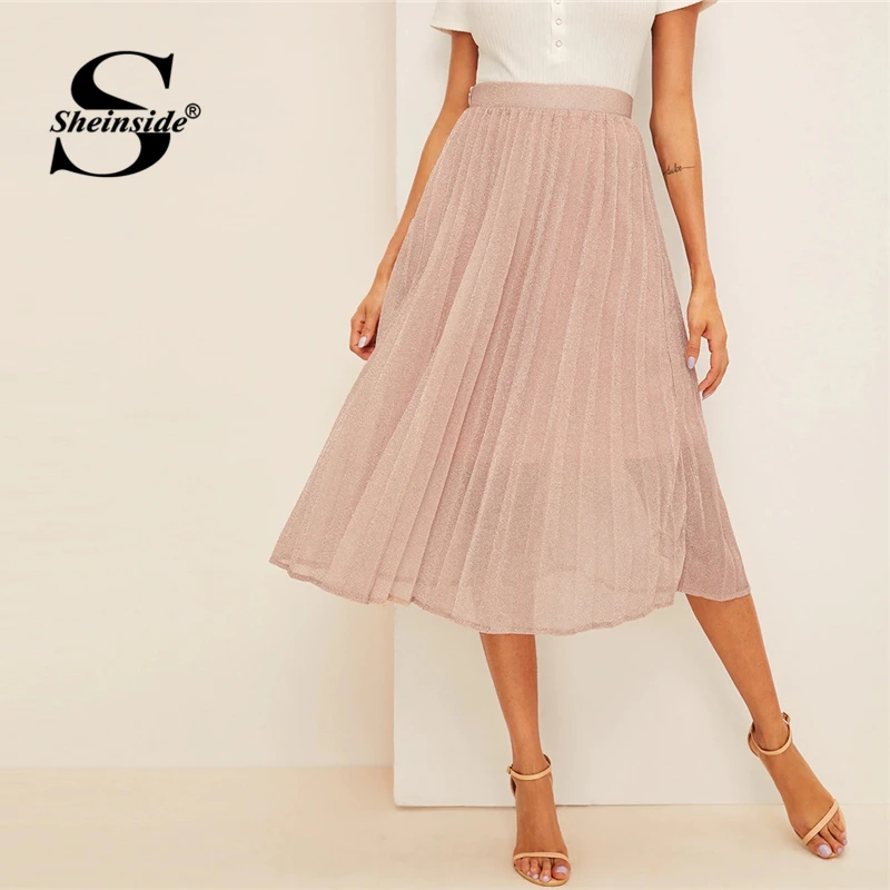 

Sheinside Pink High Waist Pleated Glitter Skirt Elegant Women 2019 Fashion Summer Flared Skirts Ladies Solid Skirt