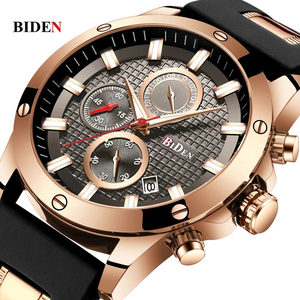 

BIDEN Men Watch Top Brand Luxury Blue Golden Sport Quartz Watches Rubber For Male Wristwatch Waterproof Watch Relogio Masculino