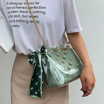 

ETAILL 2019 PVC Jelly Scarves Composite Bag Small Transparent Shoulder Handbags Large Dots Golden Chain Crossbody Messenger Bag