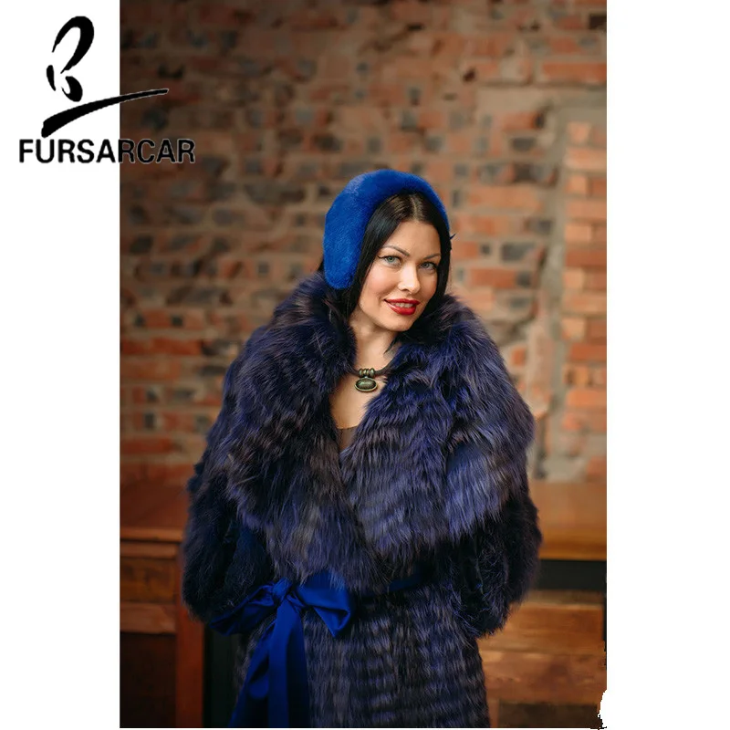 

FURSARCAR New Fashion Loose Cape Plus Size Luxury Natrual Silver Fox Fur Jacket With Turndown Collar Women Solid Fur Coat