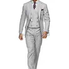 Шерсть, ручная работа, светло-серый комплект из 3 предметов(куртка+ жилет+ брюки), два пуговицы, с отворотом