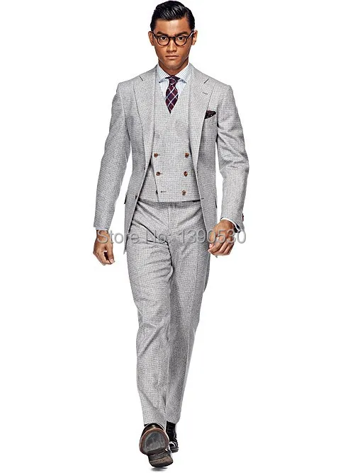 

HOT SELLING 100% wool Hand made light grey 3 pieces(jacket+vest+pants) two buttons notch lapel tailored suit