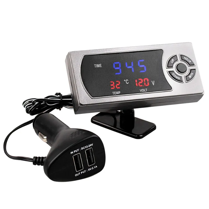 Multi function 4 in 1 Car Charger Dual USB Phone Car Charger with Clock