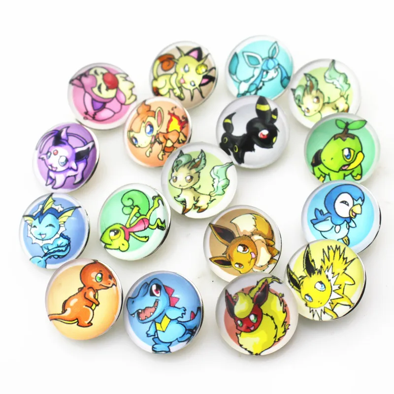 

10pcs/lot mix Pokemon pattern snap button glass round snap charms fit 18mm DIY snap jewerly necklace bracelet