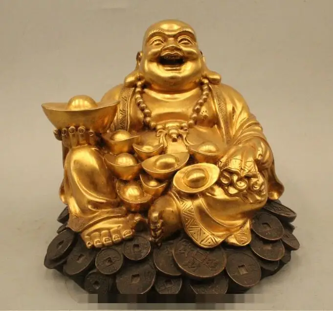 

S5042 7" Chinese Bronze 24K Gold Fu Wealth Happy Laugh Maitreya Buddha Money Statue