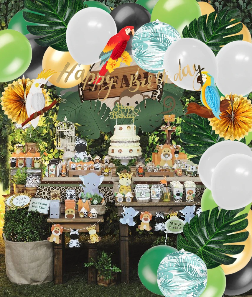 Вечерние украшения в джунглях, баннеры с изображением попугая в виде сот с днем рождения, Пальмовые Листья, бумажные фонарики, воздушные шары, душ в стиле сафари