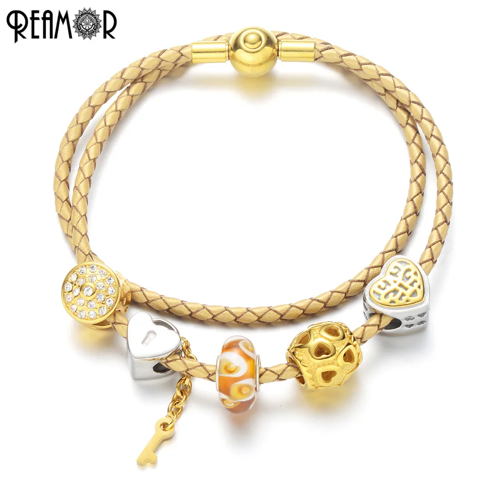 

REAMOR Brand Luxury Women Leather Rope Bracelets Plating Gold Heart Beads Charm Bracelet For Women Genuine Leather Bangles Gifts