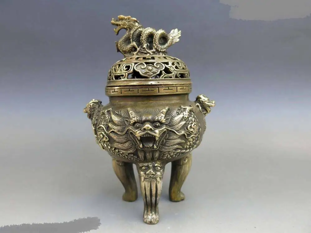 

DS DS China brass copper carved fine lucky five dragon Incense burner censer Statue