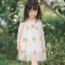 6 T/130 г. Платье для девочек с длинными рукавами, с вышивкой и бантом; сетчатые платья с длинными рукавами; весенне-осенняя модная одежда для маленьких девочек