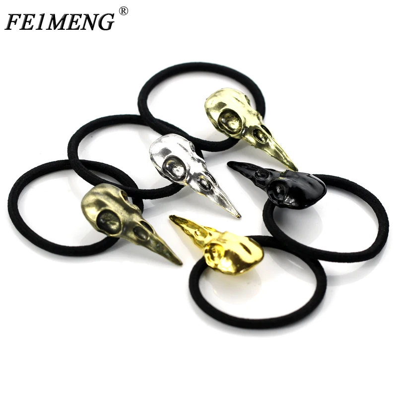 Прямая поставка, резинки для волос, Очаровательная голова вороны, футболка с изображением черепа и волос, ювелирные изделия в винтажном стиле, Античная бронзовая Серебряная голова птицы, эластичная для женщин