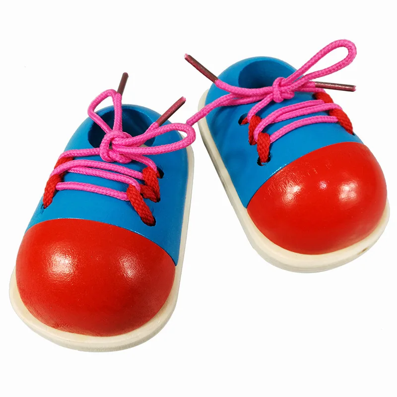 Kids Montessori Educational Wooden Toys Tie Shoes Lace up Shoes Toys Toddler Lacing Early Educational Learning 2Pcs