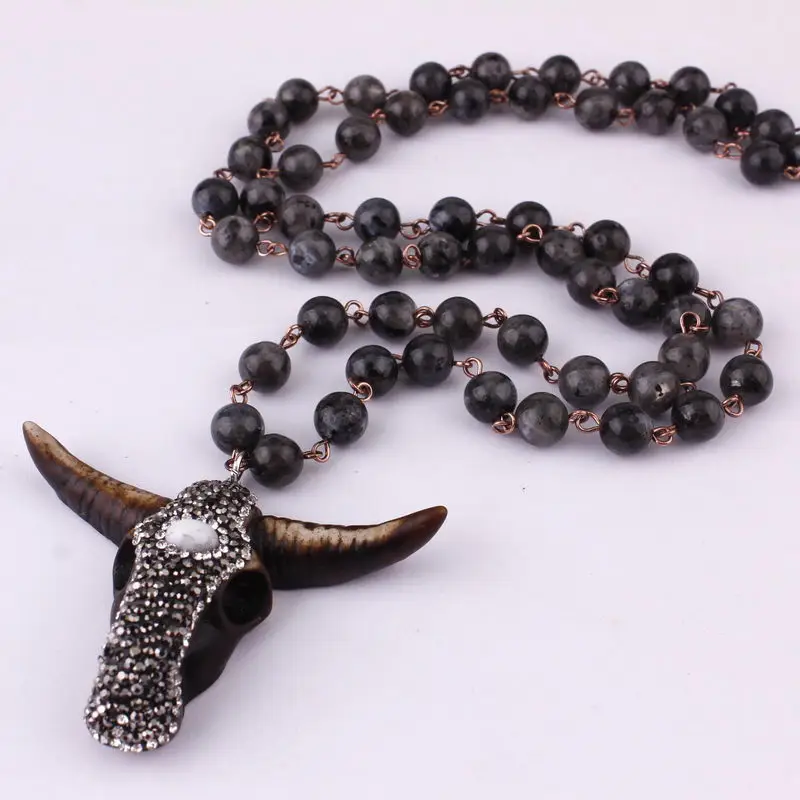 ZWPON этнический камень лавы бусины крест ожерелье с подвеской в форме рога для женщин узел длинное из натурального камня массивное ожерелье бык Череп - Окраска металла: Black Skulls