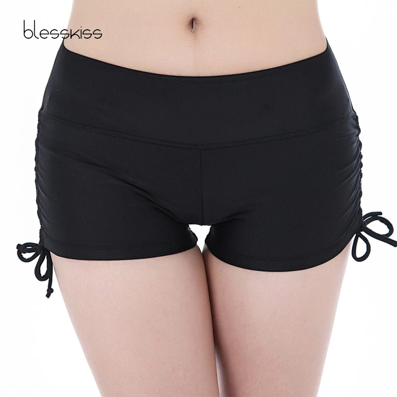 BLESSKISS High Waist Bikini Bottoms Women Plus Size Swim Shorts For Ladies Large Sport Swimsuit Swimwear Gym Yoga Pants Black
