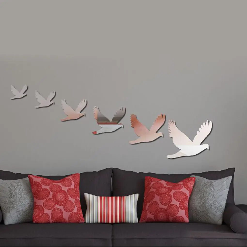 6pcs 3D Silver Peace Doves Acrylic Mirror Wall Art Sticker Mural Home