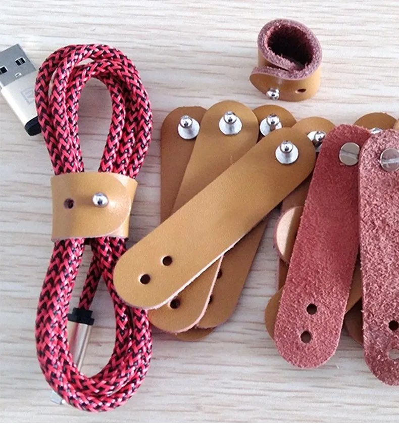 100pcs lot Classic Genuine Leather Cable Winder Headphone Earphone Cable Wire Organizer Cord Holder For iphone samsung