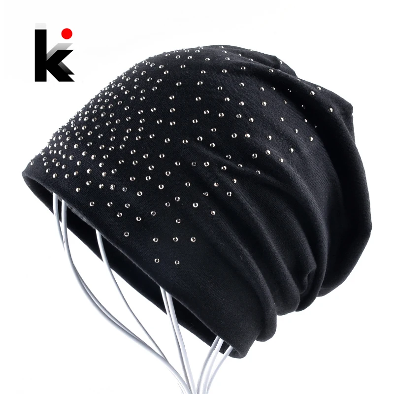 

Fashion Skullie Rhinestone Beanie Hats For Women Solid Color Skullies Beanies Female Casual Cotton Bonnet Caps Ladies Gorras