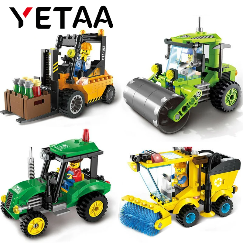 

YETAA Sweeper Forklift Tractor Road Roller Blocks Educational Workman Building Blocks Model Minecraft DIY Gift Toys For Children