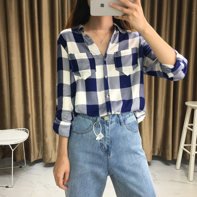 

BIAORUINA Women Vintage Blue Plaid Tops V-neck Long Sleeve Female Summer Single Breasted Casual Tops Girl Fashion All-match Tops