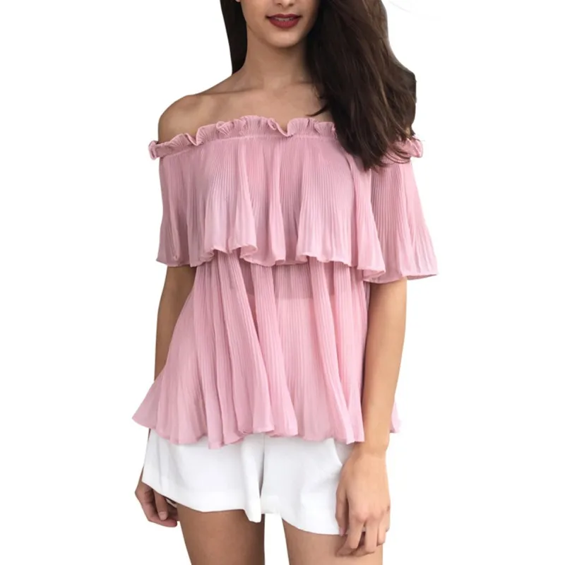 

Cute Women Ruffle Off Shoulder Chiffon Shirt Summer Beach Loose Casual Pleated Short Sleeve Shirt Women Tops