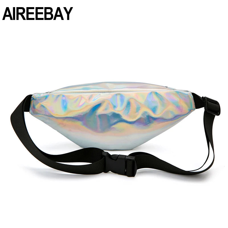 AIREEBAY Женская поясная сумка с голограммой Синяя лазерная нагрудная Серебристая