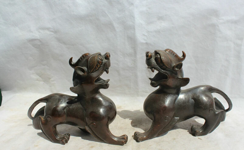 

S1775 11" Chinese Bronze Folk Feng Shui Pi Xiu Unicorn Beast Statue sculpture Pair D0318
