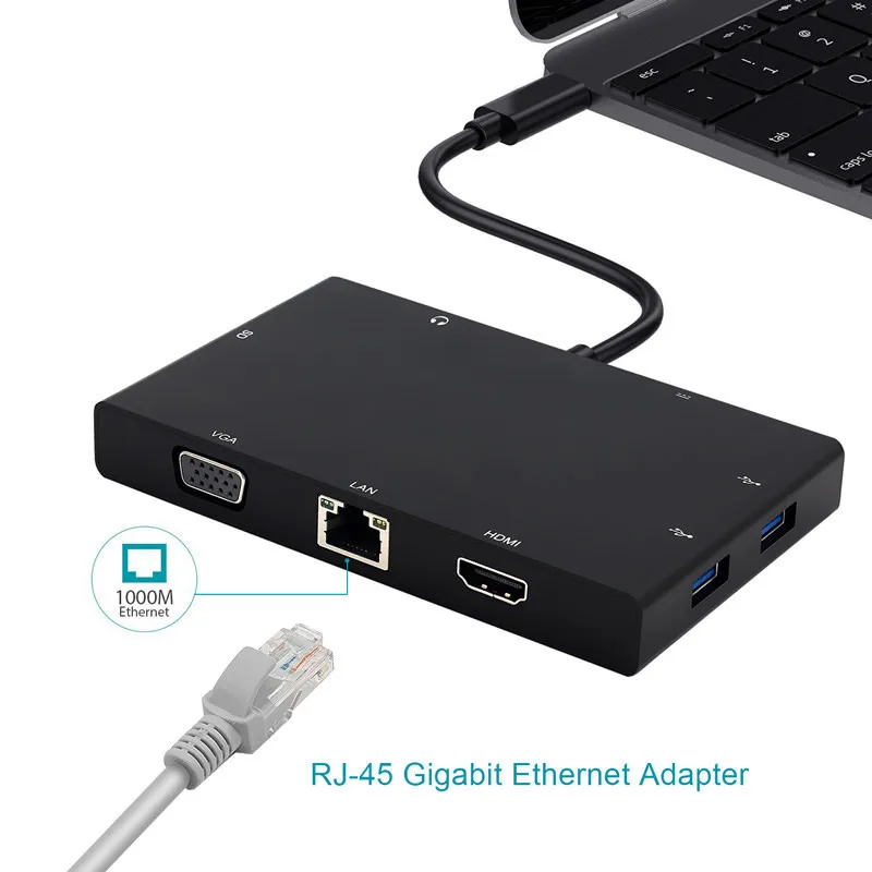 

8in1 Type-c hub Adapter Type-C To Hdmi+VGA+Ethnernet rj45+2usb3.0+1usb c+1 SD Card reader+1*3.5mm audio port For Macbook