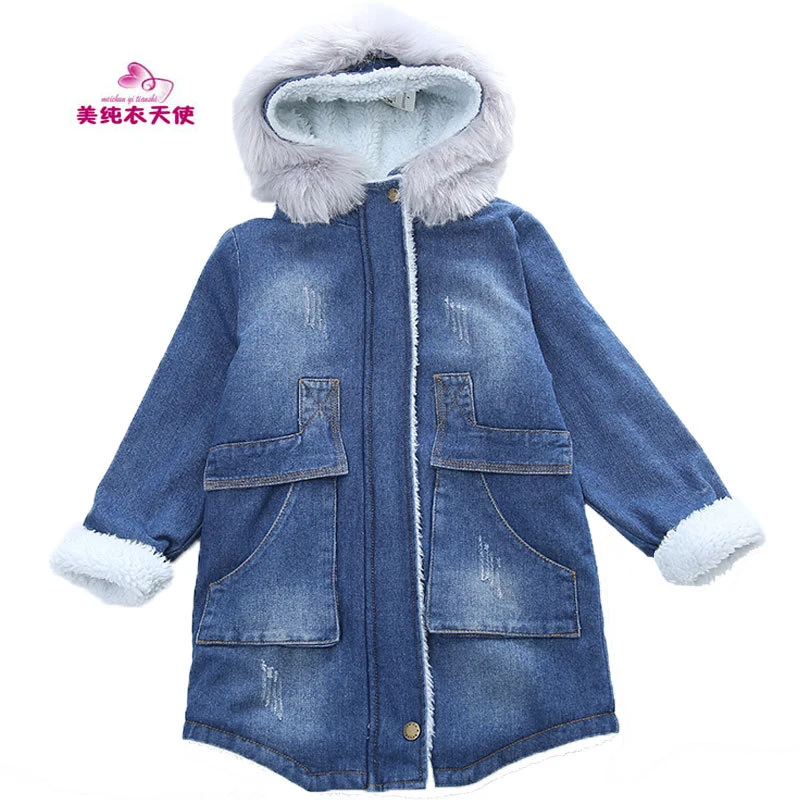 

Girls Winter Denim Jacket Large Fur Collar Cotton Denim Outerwear Children Hooded Thick Fleece Warm Coat 4 6 8 9 10 12 13 Years